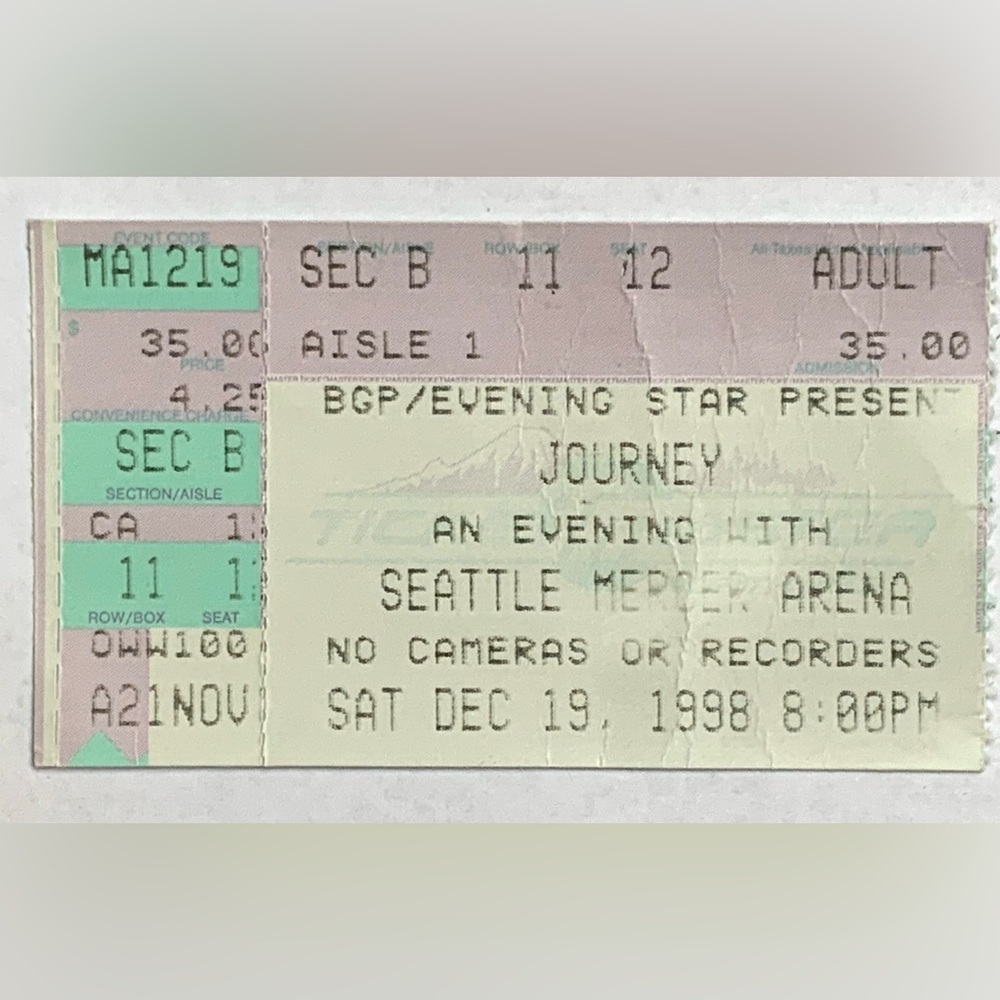 1998 Journey Concert Ticket Stub Seattle Mercer Arena BGP Evening Star